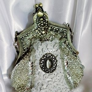 New Vintage Style White Sequin & Bead Evening Bag